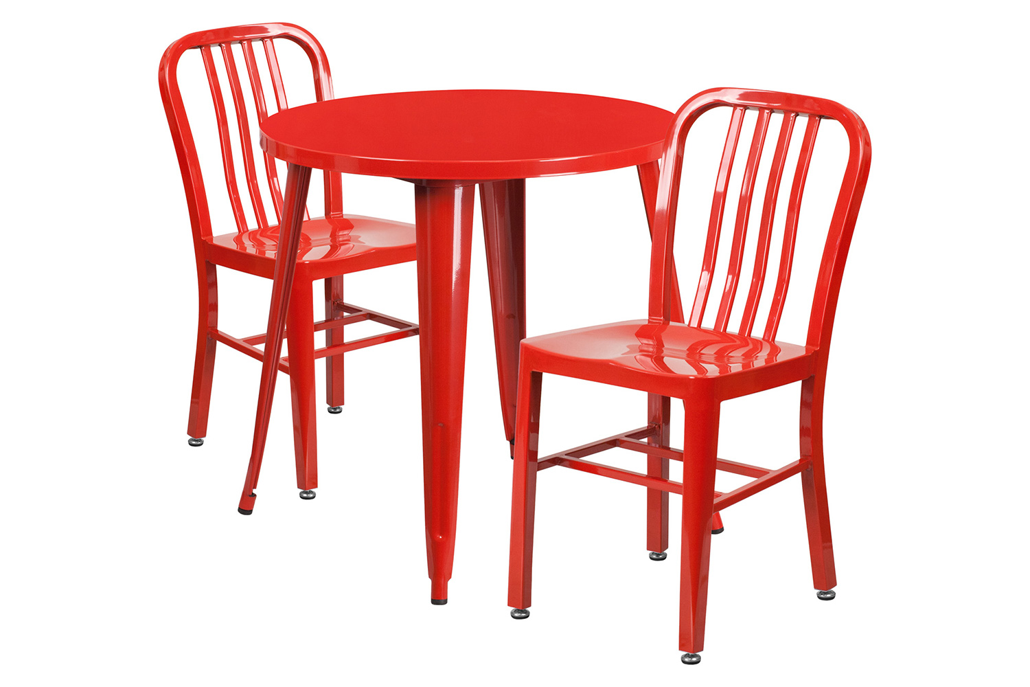 BLNK Craig Commercial Round Metal Indoor-Outdoor Table Set with 2 Vertical Slat Back Chairs - Red