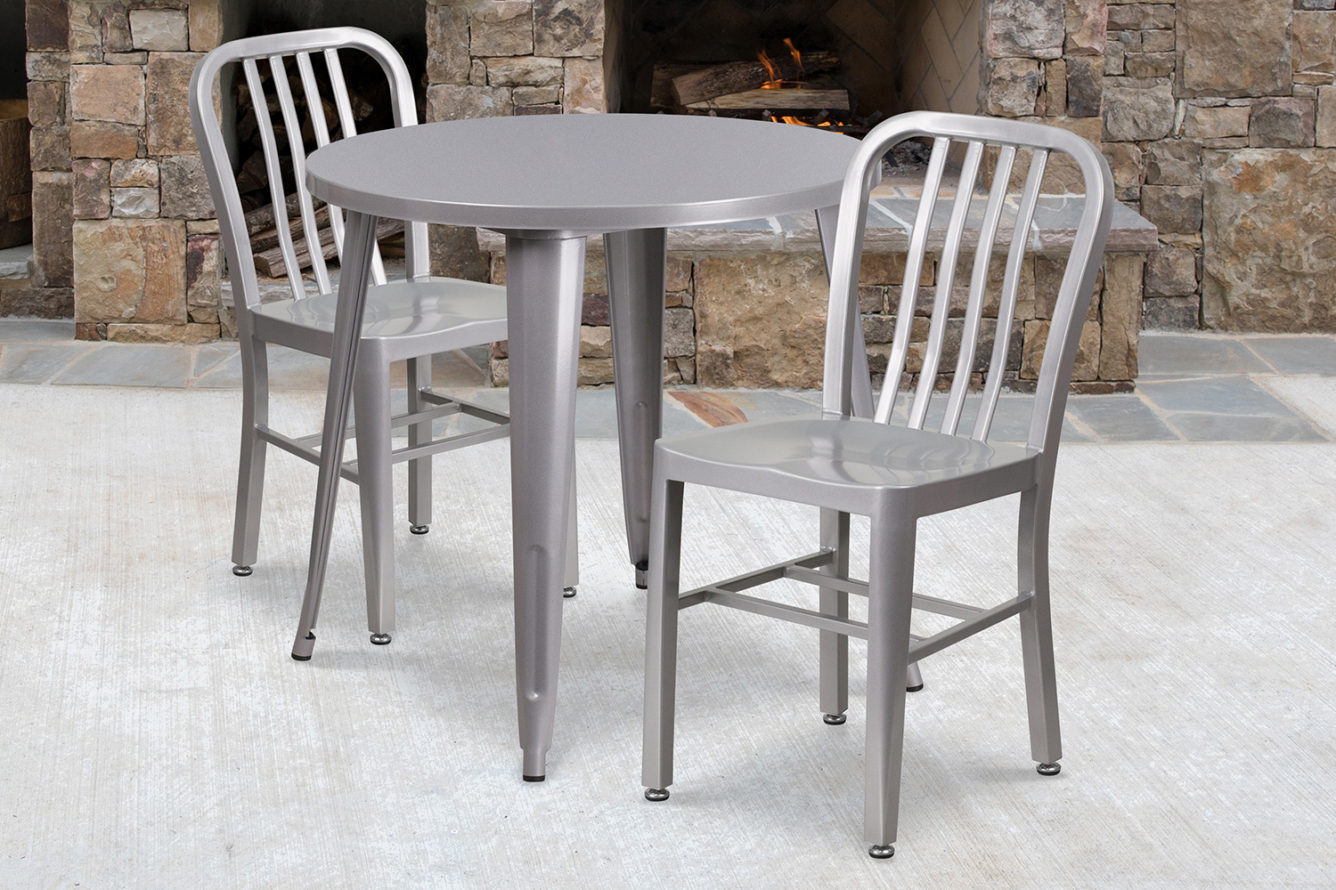 BLNK Craig Commercial Round Metal Indoor-Outdoor Table Set with 2 Vertical Slat Back Chairs