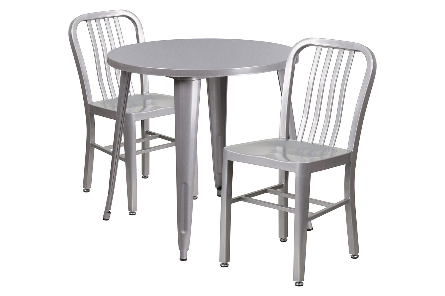 BLNK Craig Commercial Round Metal Indoor-Outdoor Table Set with 2 Vertical Slat Back Chairs - Silver