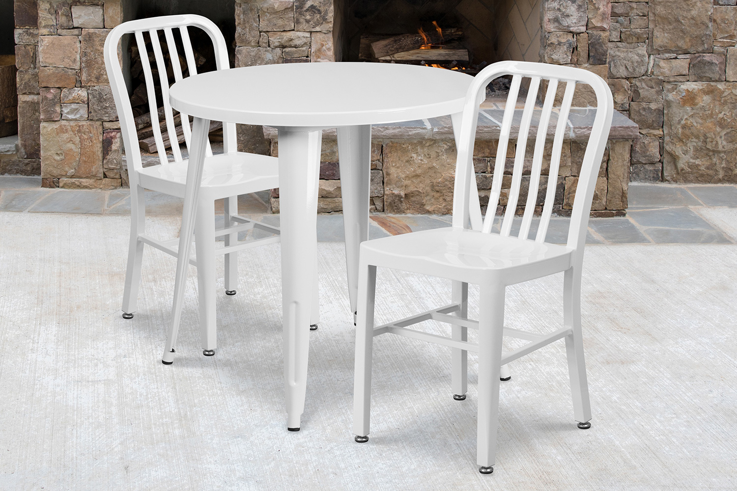 BLNK Craig Commercial Round Metal Indoor-Outdoor Table Set with 2 Vertical Slat Back Chairs