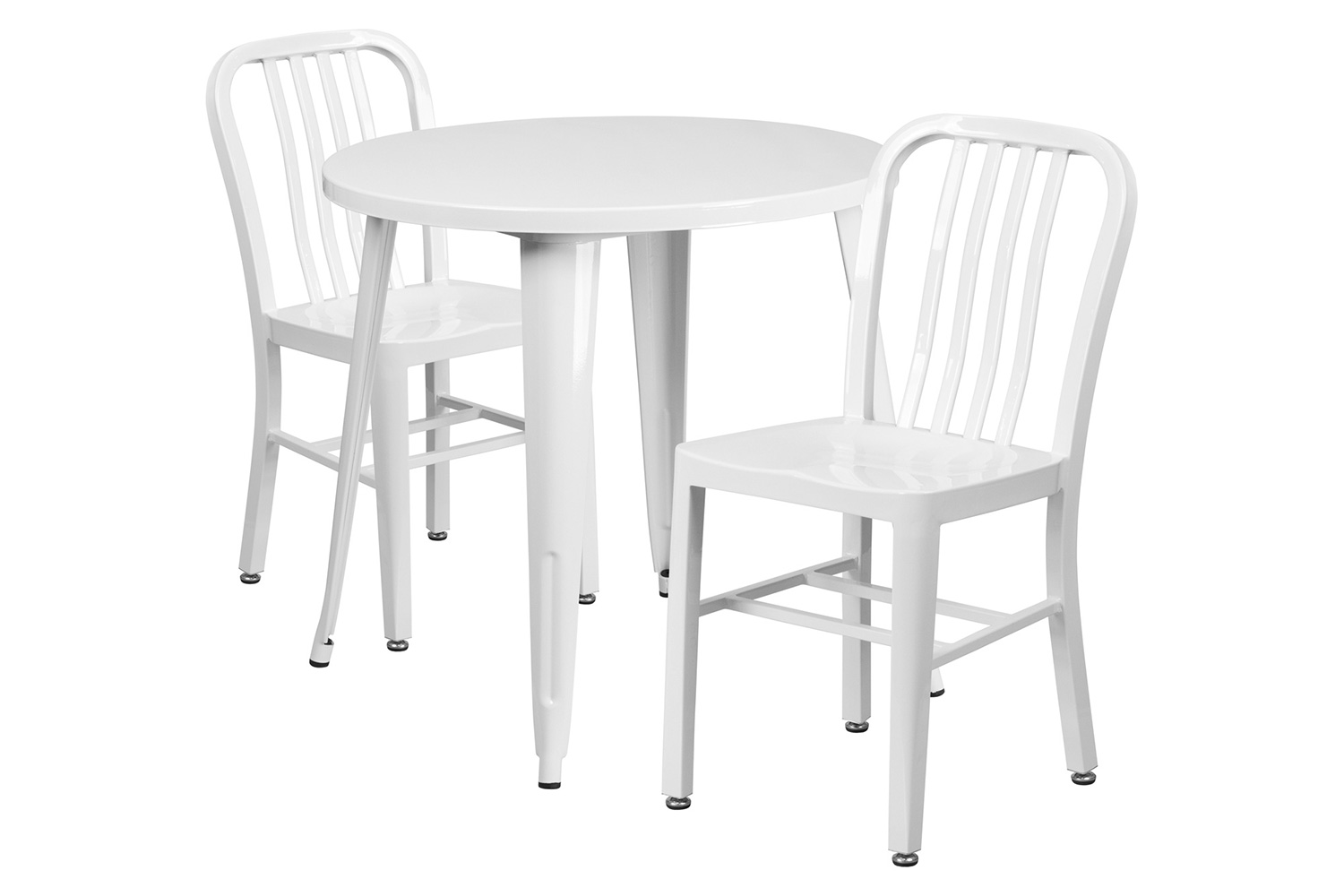 BLNK Craig Commercial Round Metal Indoor-Outdoor Table Set with 2 Vertical Slat Back Chairs - White