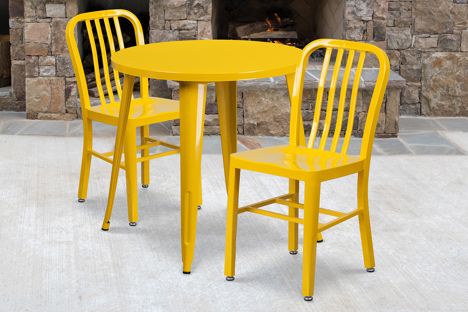 BLNK Craig Commercial Round Metal Indoor-Outdoor Table Set with 2 Vertical Slat Back Chairs