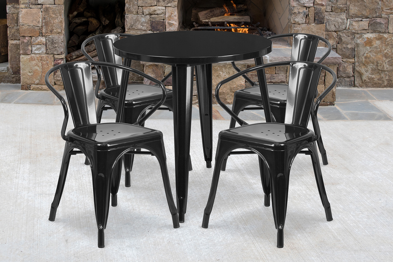 BLNK Cory Commercial Round Metal Indoor-Outdoor Table Set with 4 Arm Chairs