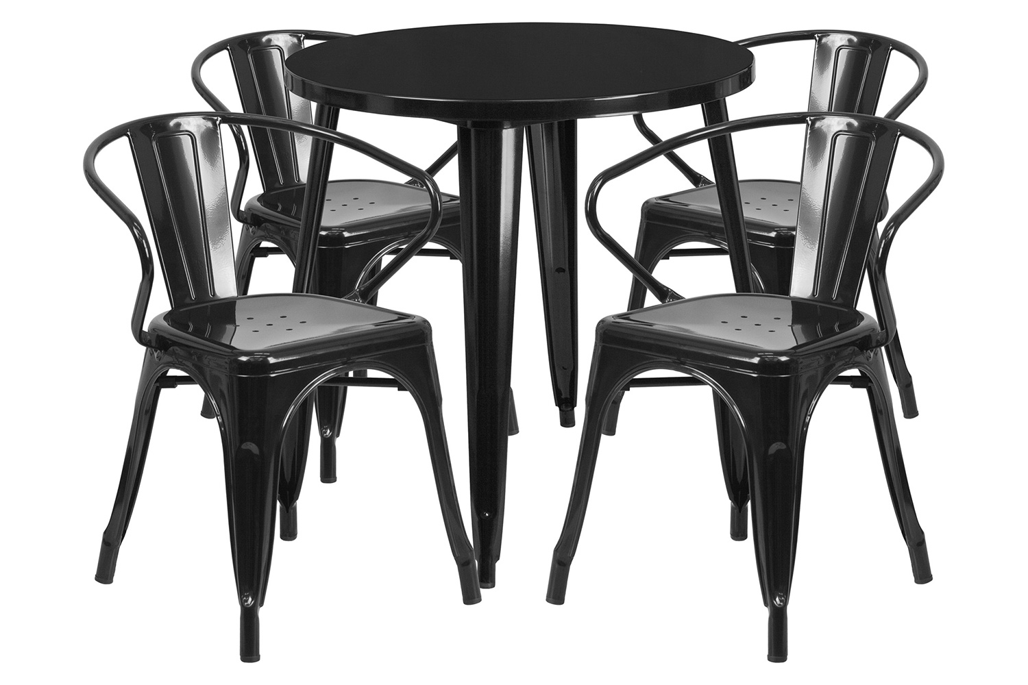 BLNK Cory Commercial Round Metal Indoor-Outdoor Table Set with 4 Arm Chairs - Black