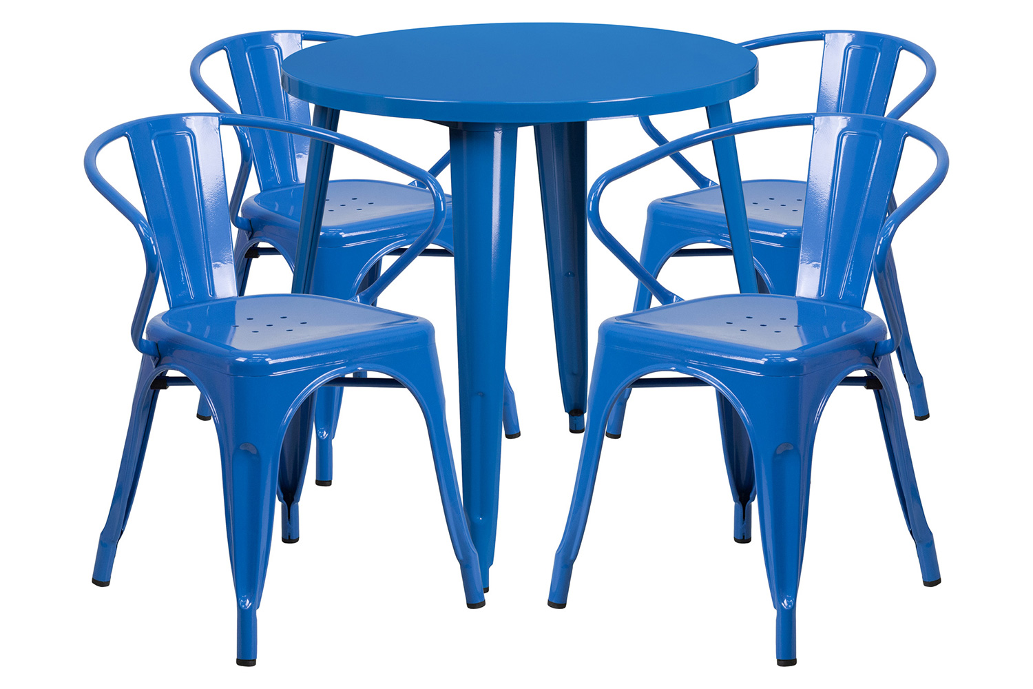 BLNK Cory Commercial Round Metal Indoor-Outdoor Table Set with 4 Arm Chairs - Blue