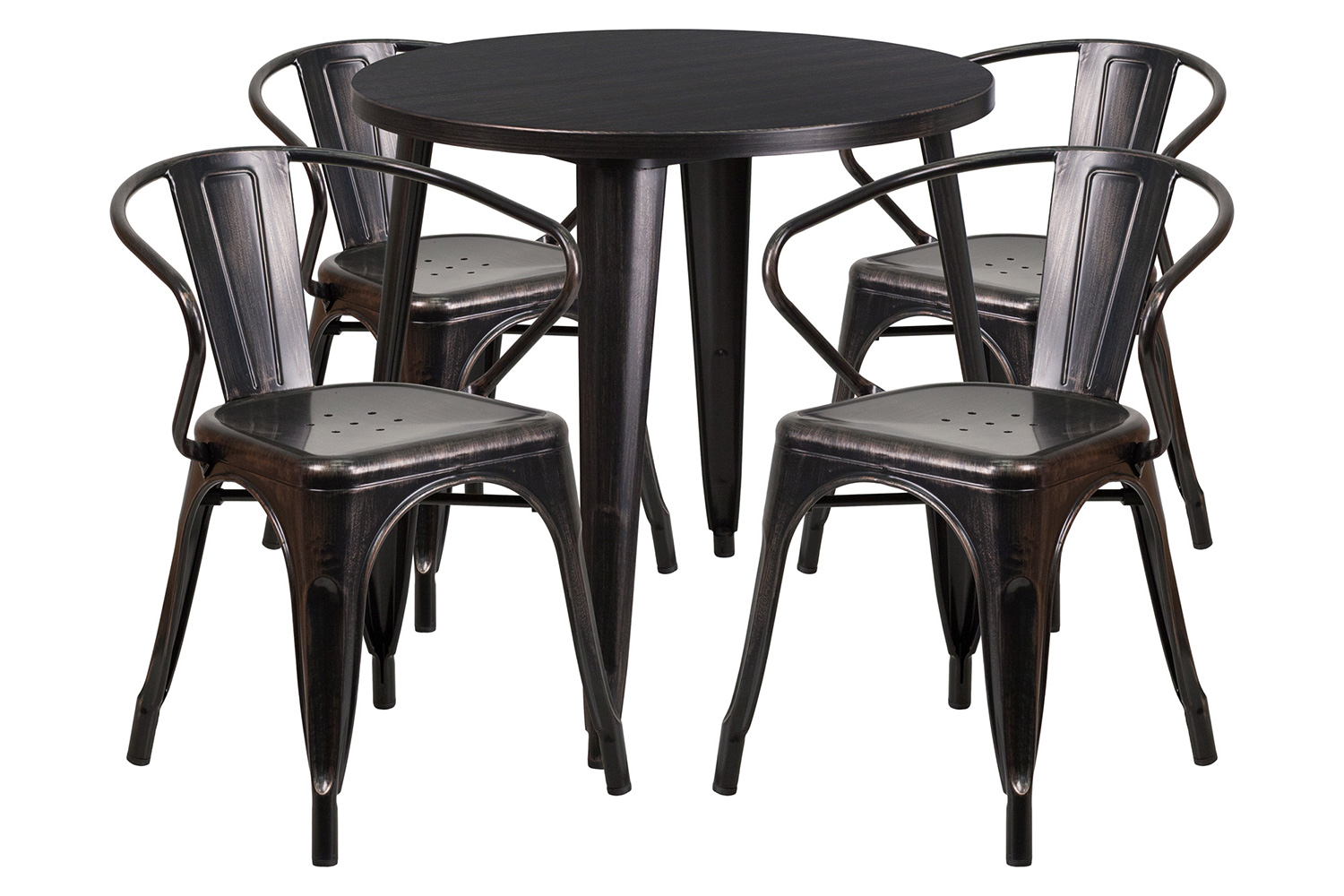 BLNK Cory Commercial Round Metal Indoor-Outdoor Table Set with 4 Arm Chairs