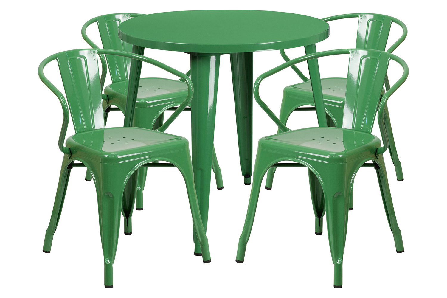 BLNK Cory Commercial Round Metal Indoor-Outdoor Table Set with 4 Arm Chairs - Green