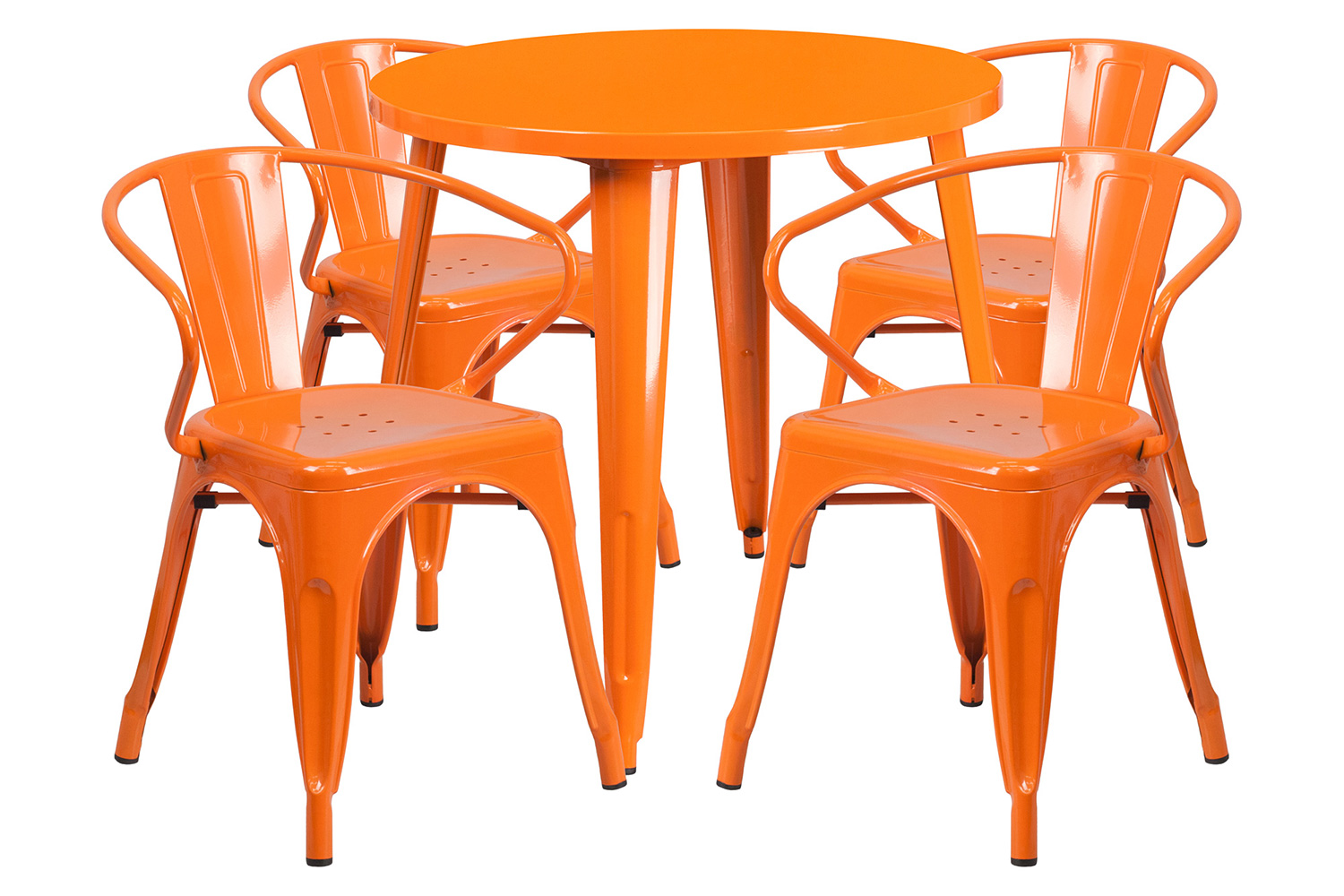 BLNK Cory Commercial Round Metal Indoor-Outdoor Table Set with 4 Arm Chairs - Orange