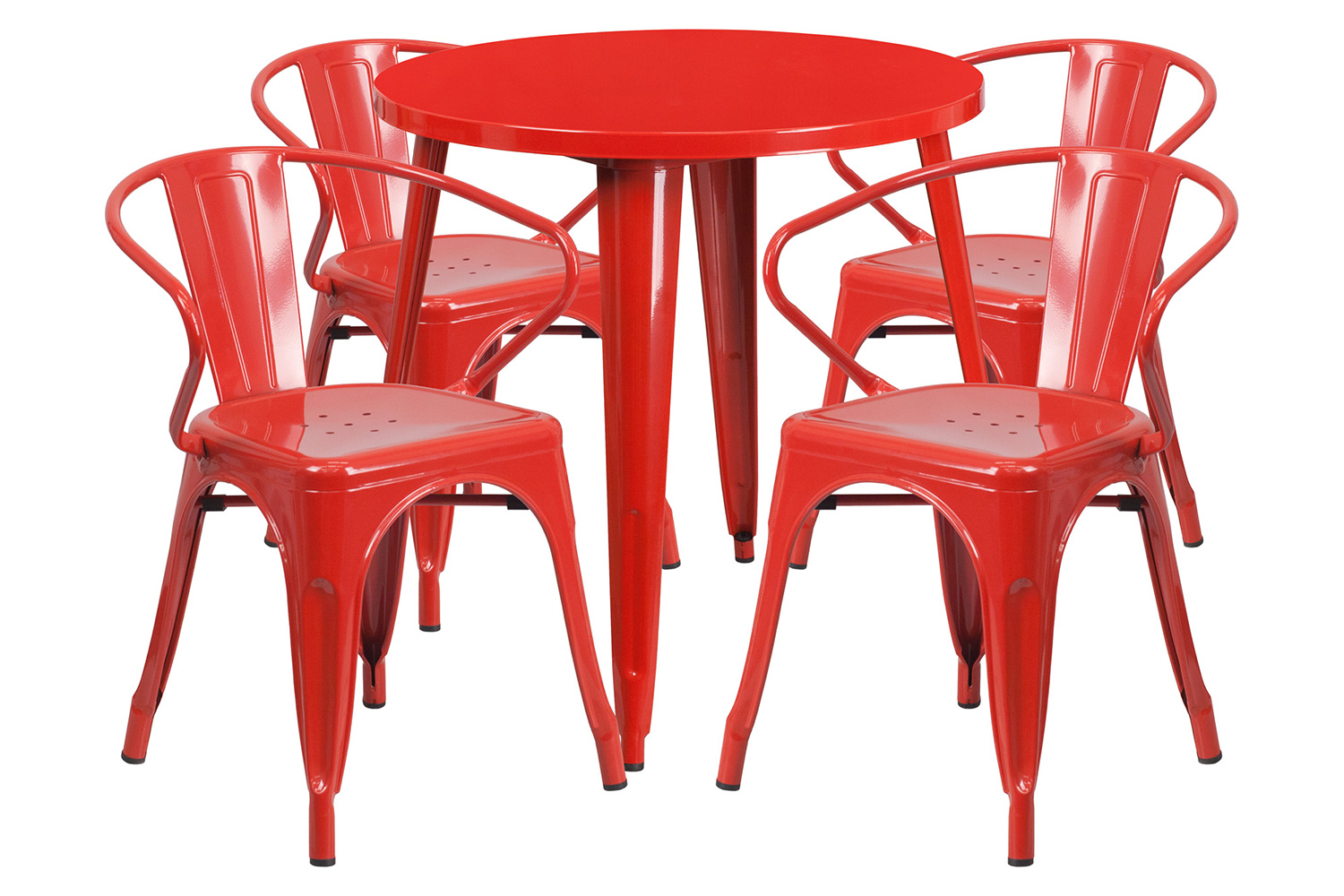 BLNK Cory Commercial Round Metal Indoor-Outdoor Table Set with 4 Arm Chairs - Red