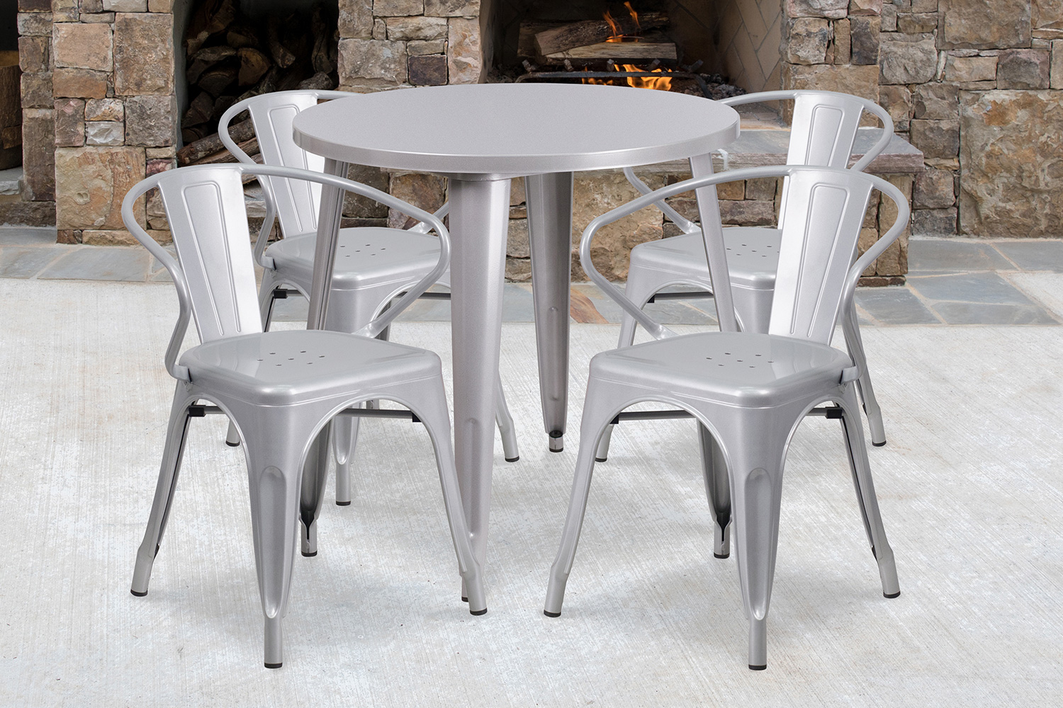 BLNK Cory Commercial Round Metal Indoor-Outdoor Table Set with 4 Arm Chairs