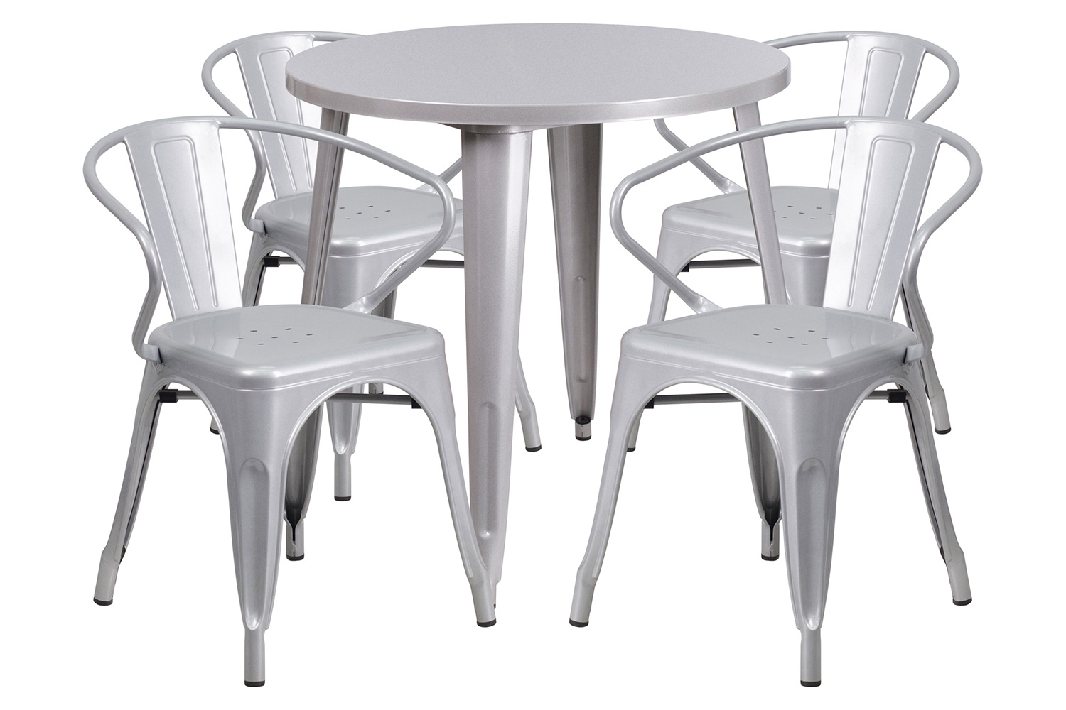 BLNK Cory Commercial Round Metal Indoor-Outdoor Table Set with 4 Arm Chairs - Silver