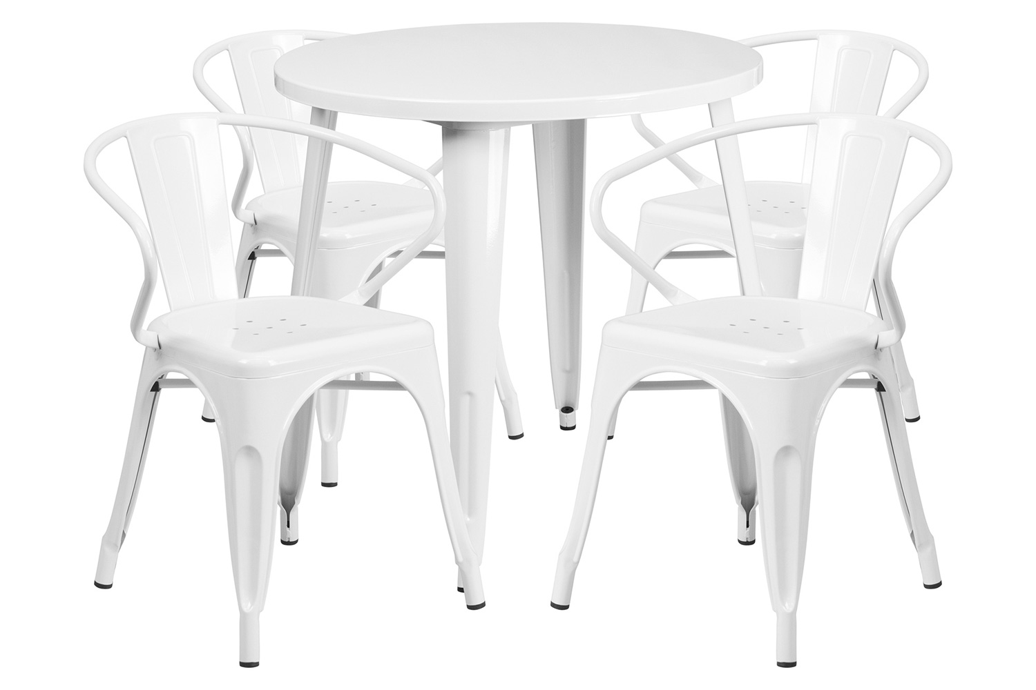 BLNK Cory Commercial Round Metal Indoor-Outdoor Table Set with 4 Arm Chairs - White