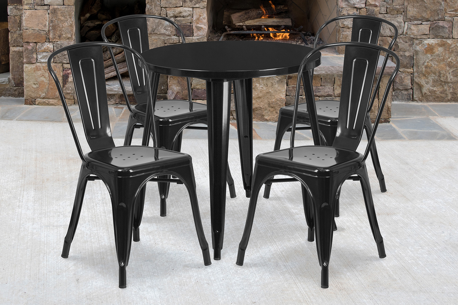 BLNK Dalton Commercial Round Metal Indoor-Outdoor Table Set with 4 Cafe Chairs