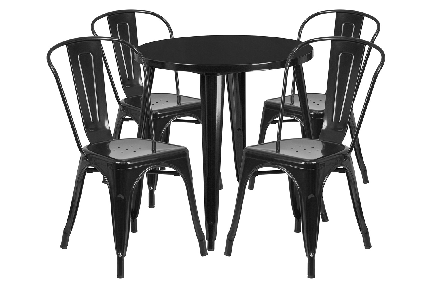 BLNK Dalton Commercial Round Metal Indoor-Outdoor Table Set with 4 Cafe Chairs - Black