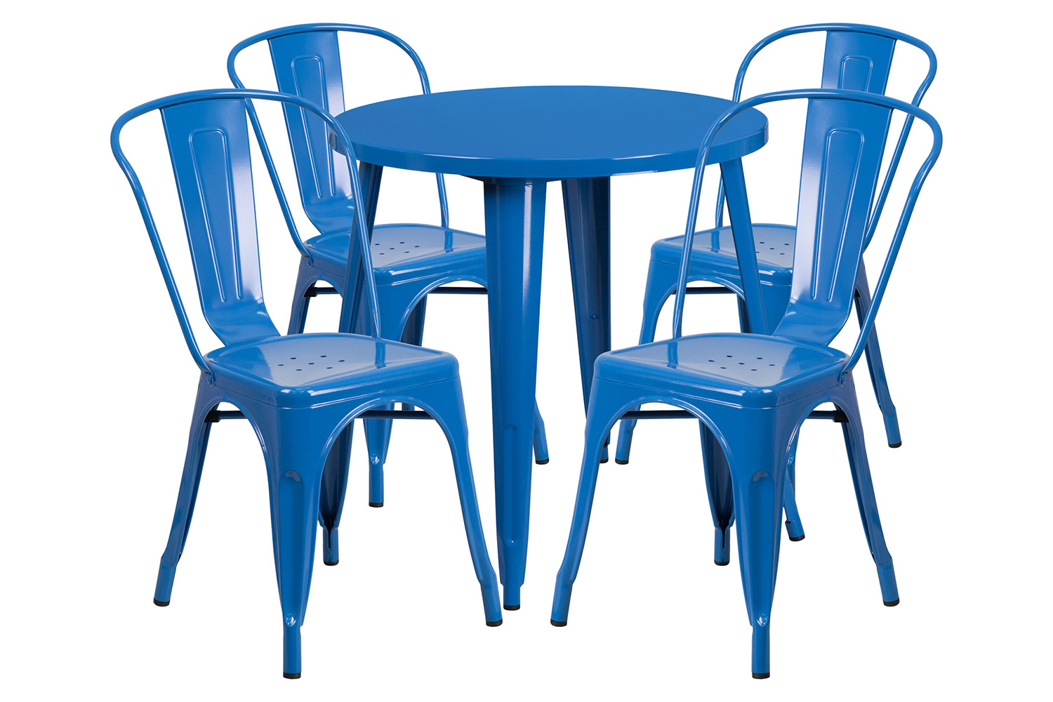 BLNK Dalton Commercial Round Metal Indoor-Outdoor Table Set with 4 Cafe Chairs - Blue