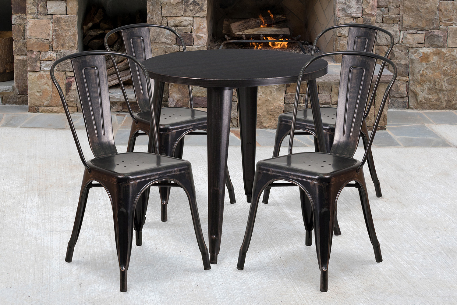 BLNK Dalton Commercial Round Metal Indoor-Outdoor Table Set with 4 Cafe Chairs