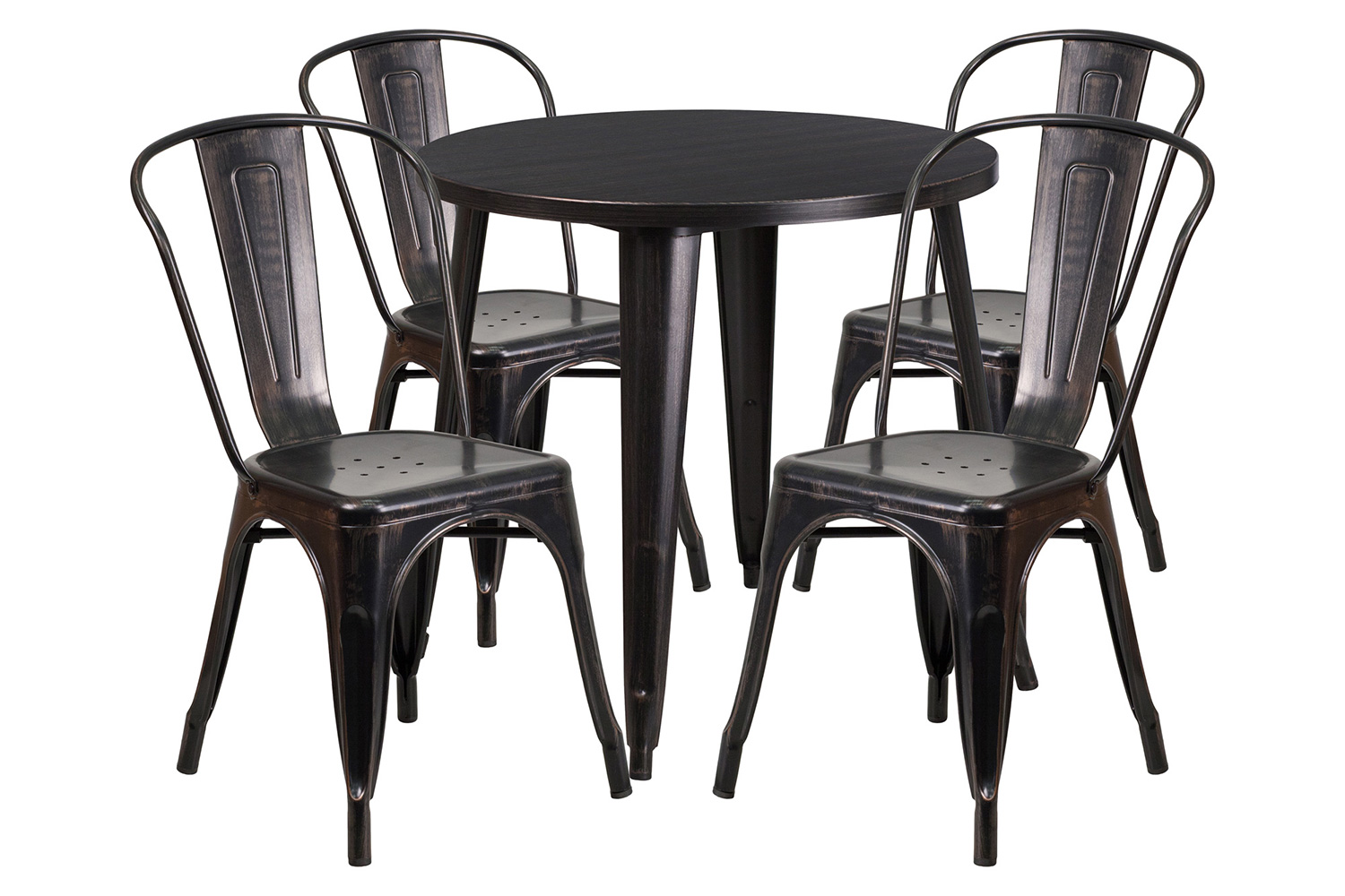 BLNK Dalton Commercial Round Metal Indoor-Outdoor Table Set with 4 Cafe Chairs - Black/Antique