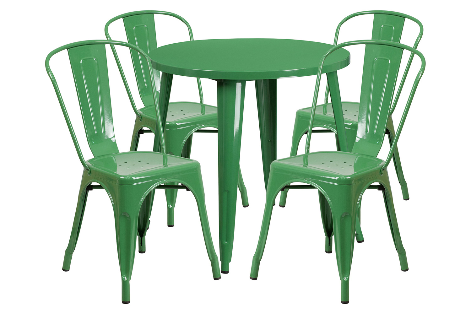 BLNK Dalton Commercial Round Metal Indoor-Outdoor Table Set with 4 Cafe Chairs - Green