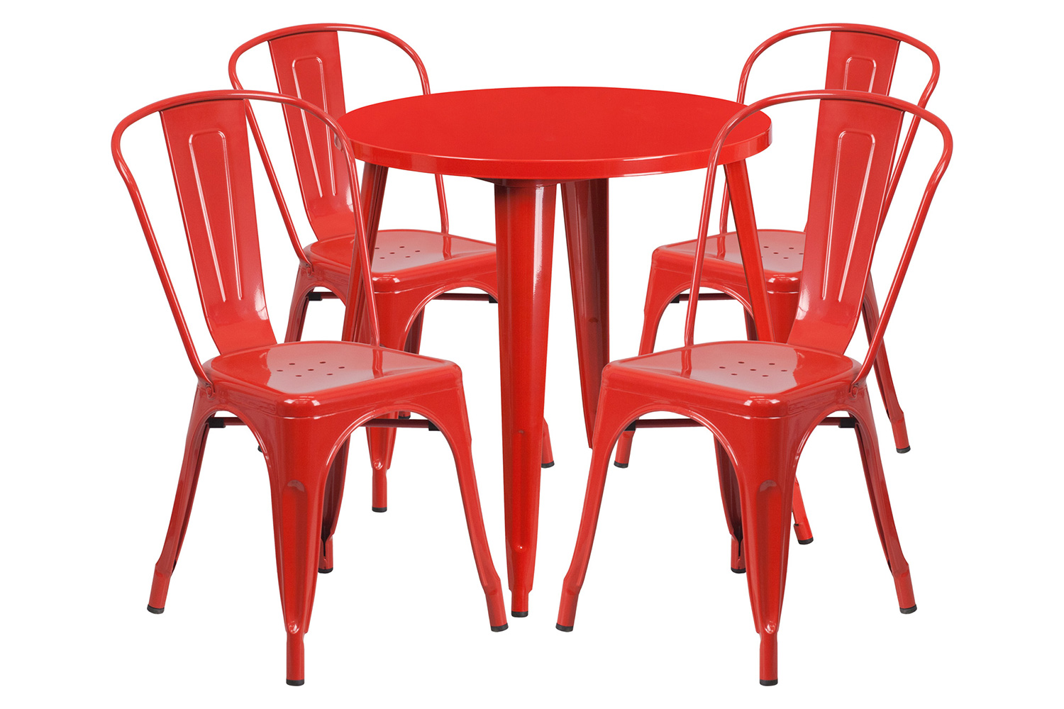 BLNK Dalton Commercial Round Metal Indoor-Outdoor Table Set with 4 Cafe Chairs - Red