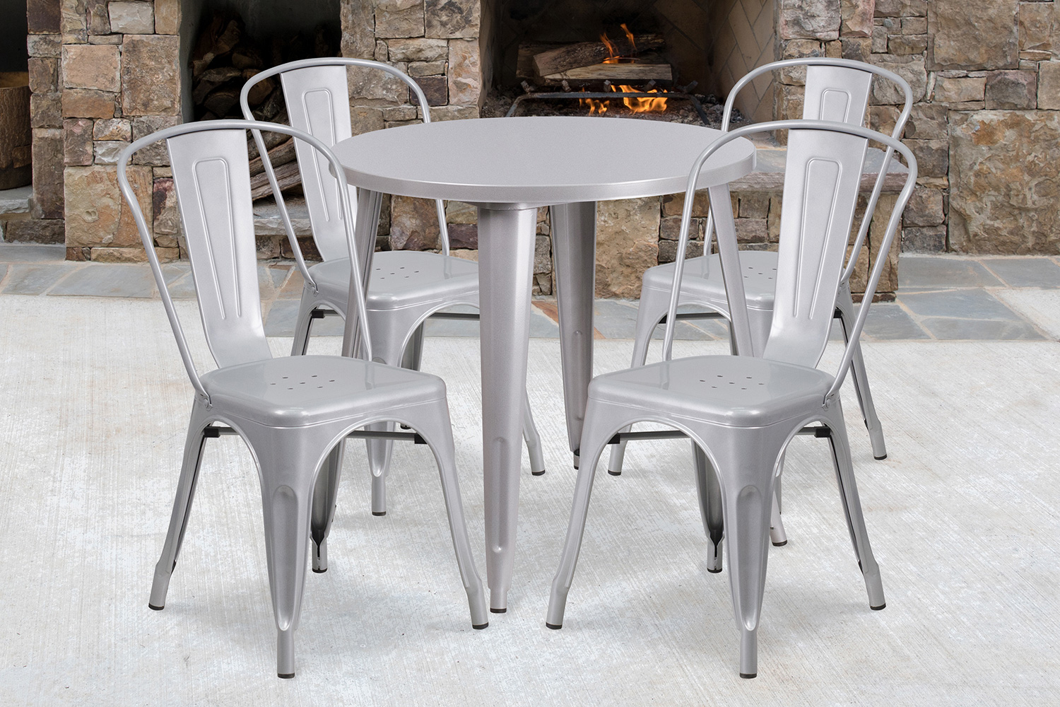 BLNK Dalton Commercial Round Metal Indoor-Outdoor Table Set with 4 Cafe Chairs