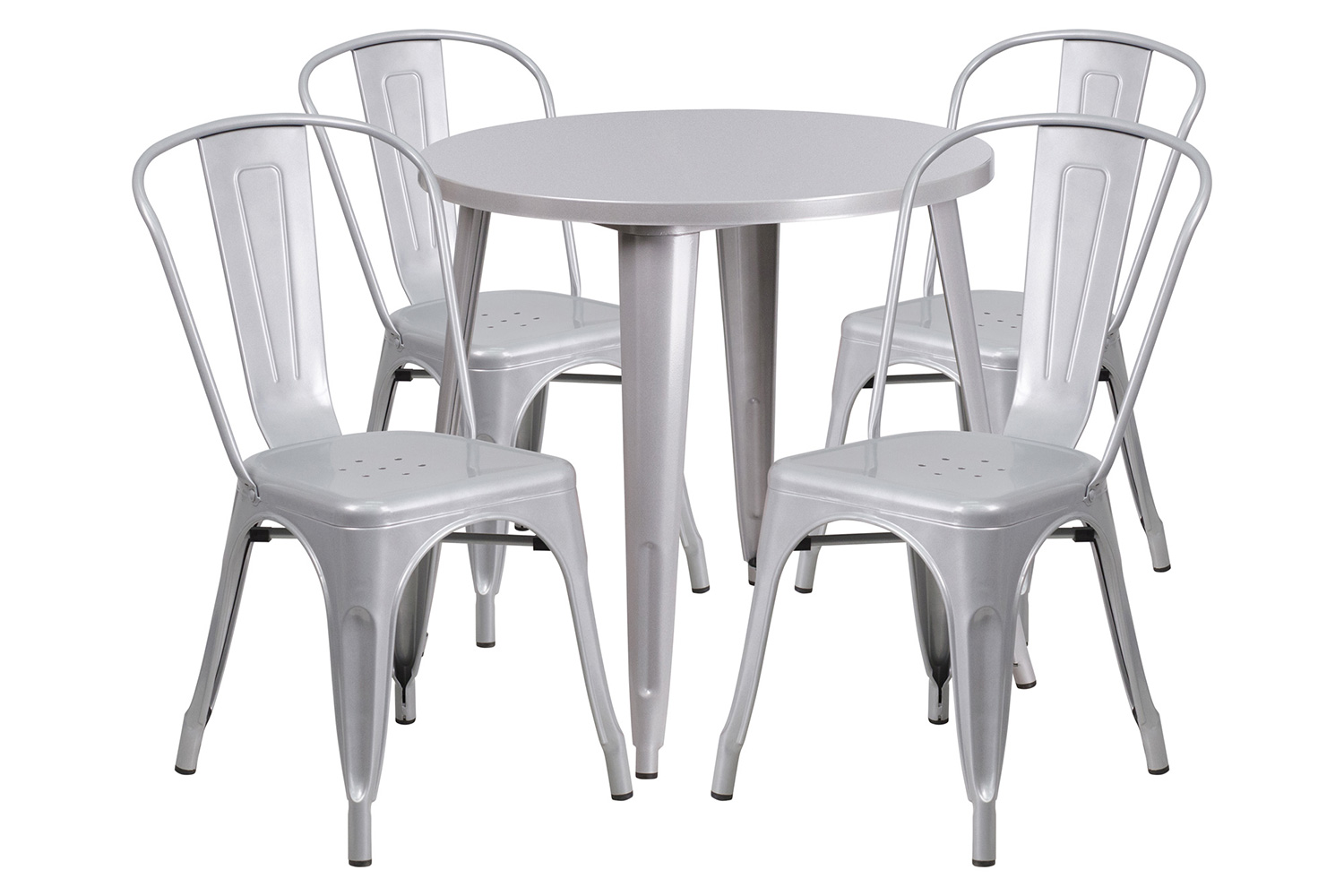 BLNK Dalton Commercial Round Metal Indoor-Outdoor Table Set with 4 Cafe Chairs - Silver