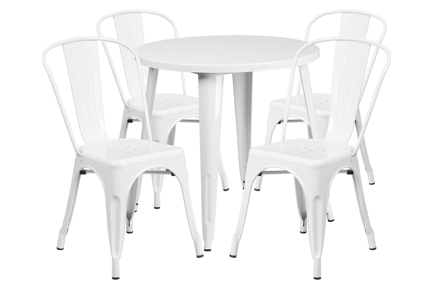 BLNK Dalton Commercial Round Metal Indoor-Outdoor Table Set with 4 Cafe Chairs - White