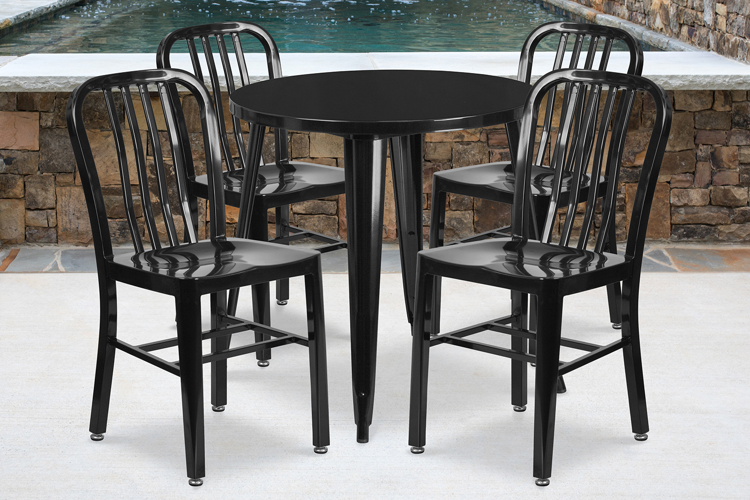 BLNK Chad Commercial Round Metal Indoor-Outdoor Table Set with 4 Vertical Slat Back Chairs