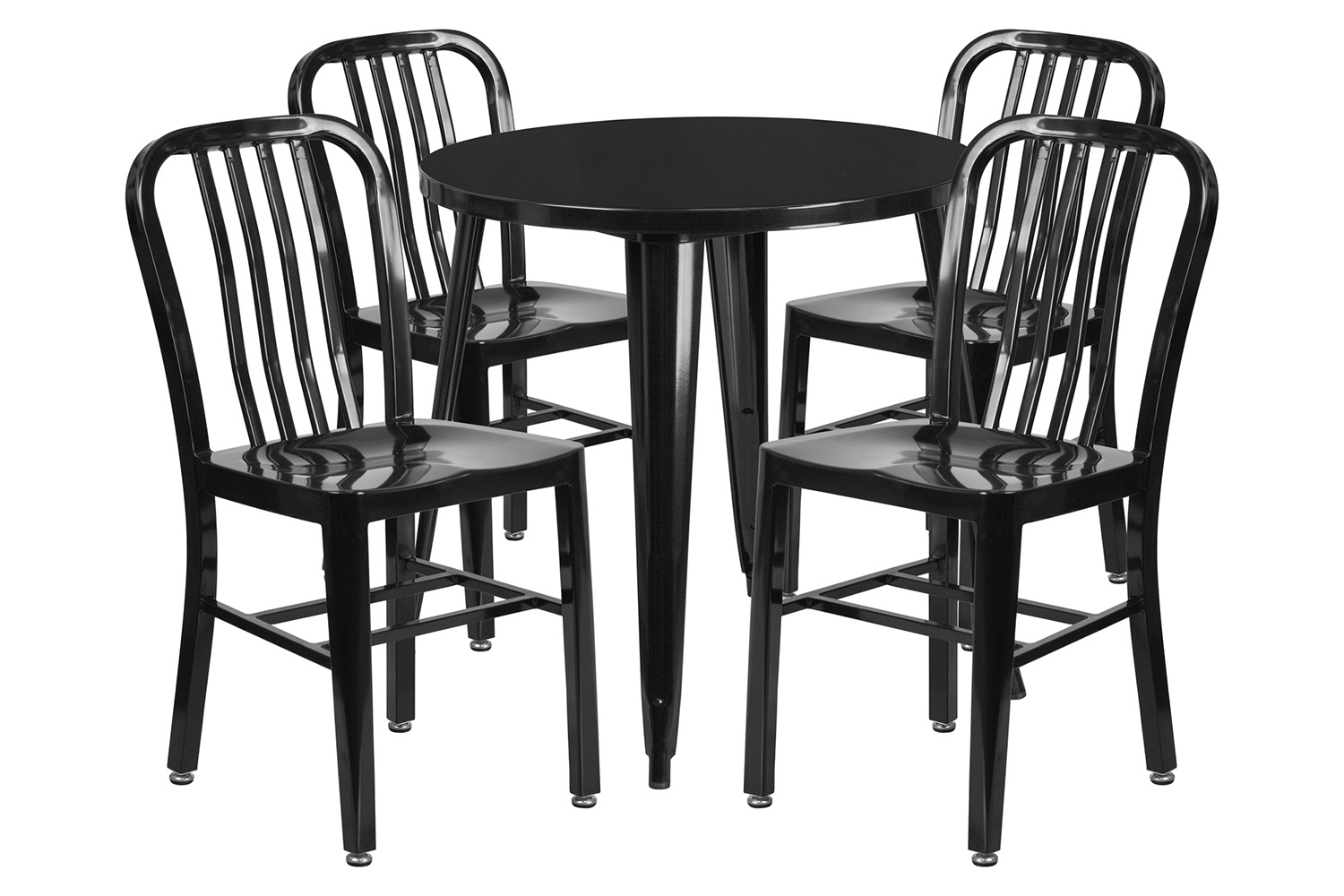 BLNK Chad Commercial Round Metal Indoor-Outdoor Table Set with 4 Vertical Slat Back Chairs - Black