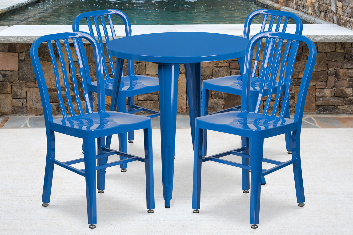 BLNK Chad Commercial Round Metal Indoor-Outdoor Table Set with 4 Vertical Slat Back Chairs