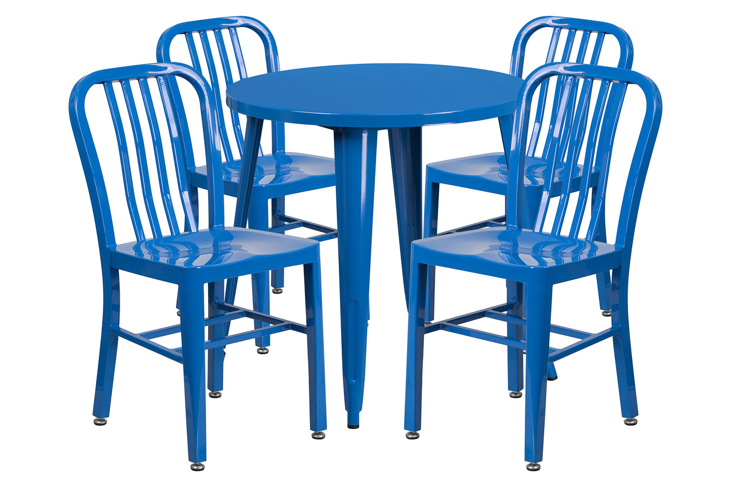 BLNK Chad Commercial Round Metal Indoor-Outdoor Table Set with 4 Vertical Slat Back Chairs - Blue