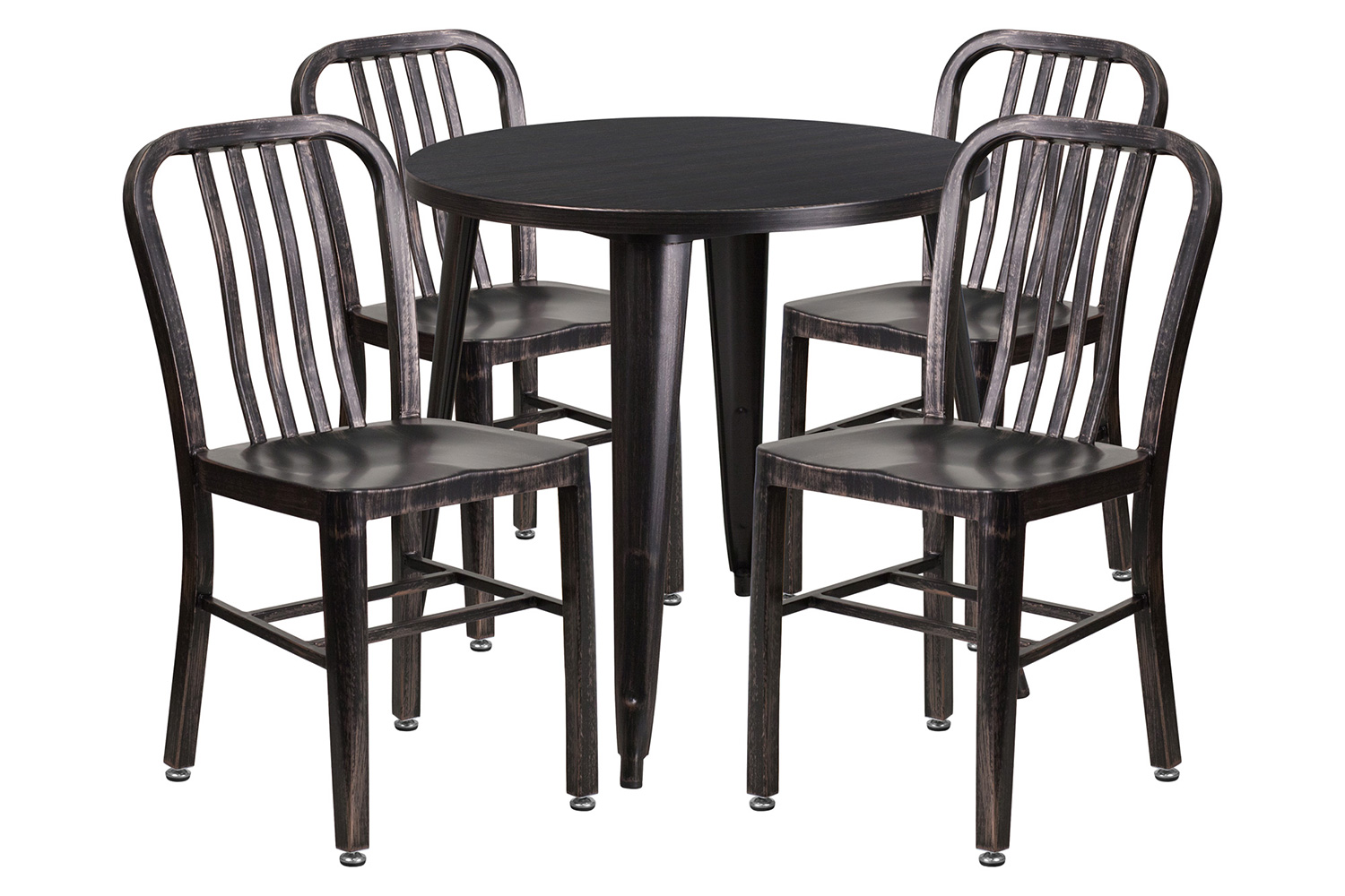 BLNK Chad Commercial Round Metal Indoor-Outdoor Table Set with 4 Vertical Slat Back Chairs - Black/Antique Gold