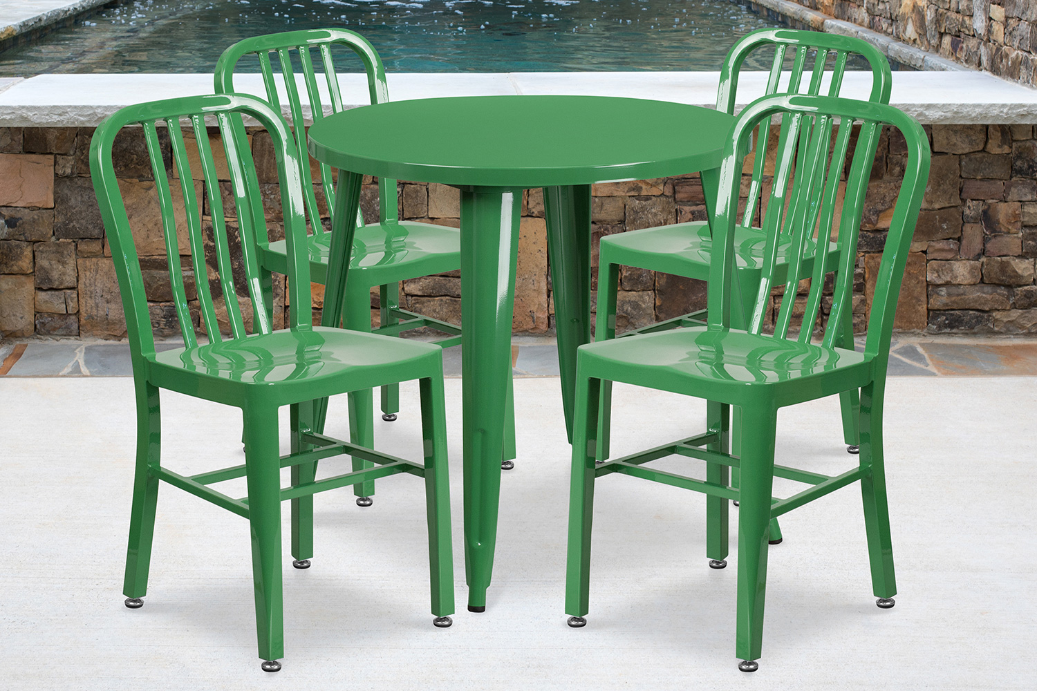 BLNK Chad Commercial Round Metal Indoor-Outdoor Table Set with 4 Vertical Slat Back Chairs