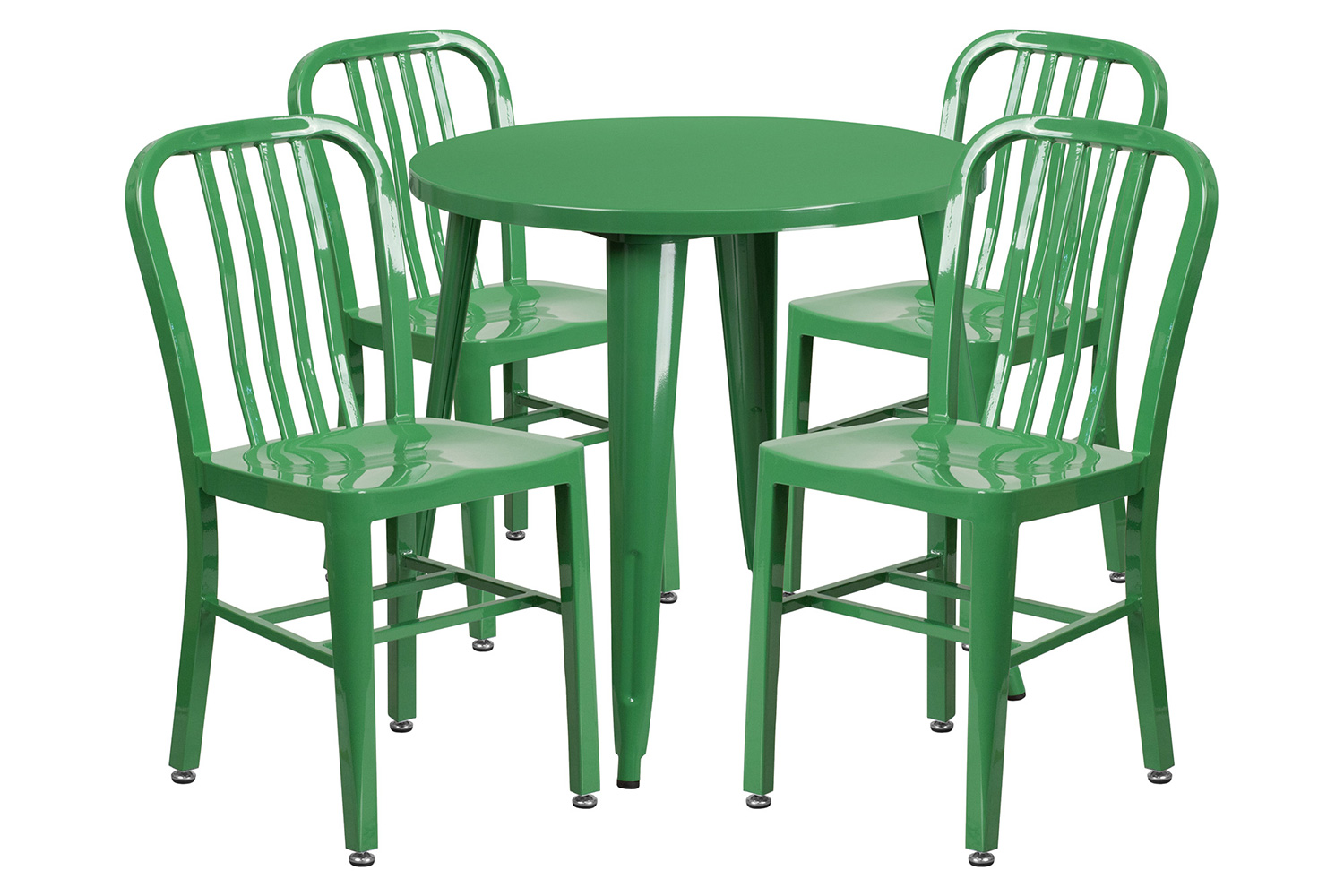 BLNK Chad Commercial Round Metal Indoor-Outdoor Table Set with 4 Vertical Slat Back Chairs - Green