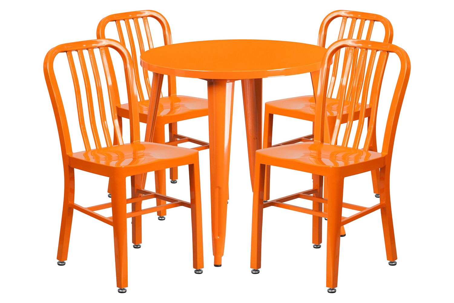 BLNK Chad Commercial Round Metal Indoor-Outdoor Table Set with 4 Vertical Slat Back Chairs