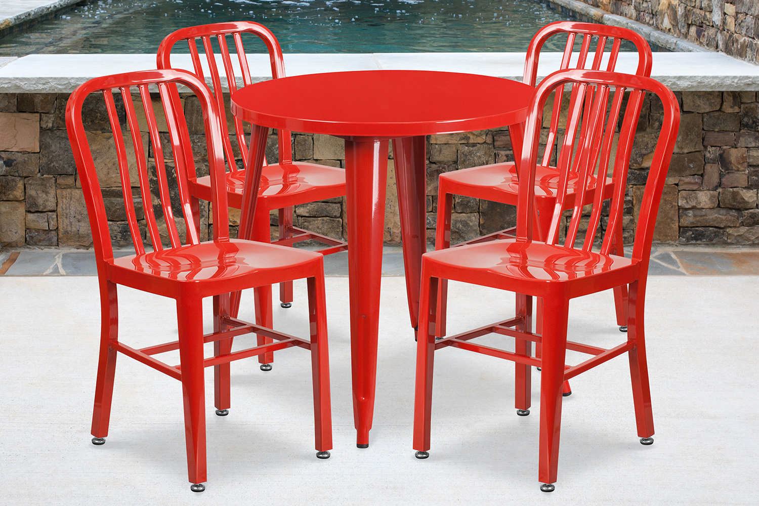 BLNK Chad Commercial Round Metal Indoor-Outdoor Table Set with 4 Vertical Slat Back Chairs