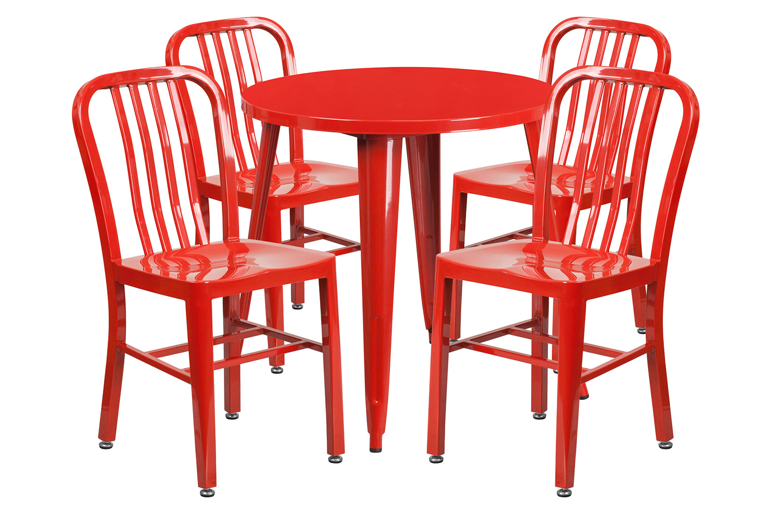 BLNK Chad Commercial Round Metal Indoor-Outdoor Table Set with 4 Vertical Slat Back Chairs - Red