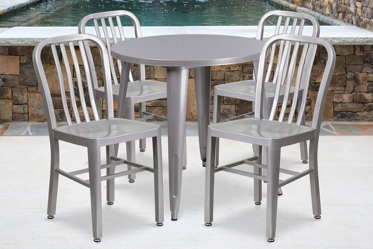 BLNK Chad Commercial Round Metal Indoor-Outdoor Table Set with 4 Vertical Slat Back Chairs