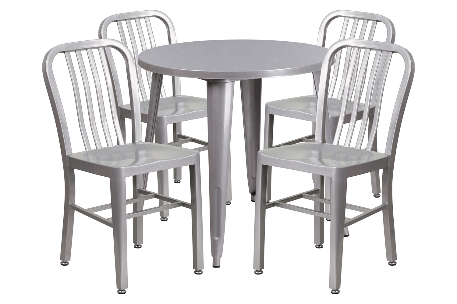 BLNK Chad Commercial Round Metal Indoor-Outdoor Table Set with 4 Vertical Slat Back Chairs - Silver