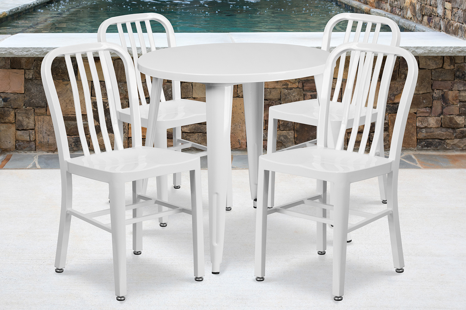 BLNK Chad Commercial Round Metal Indoor-Outdoor Table Set with 4 Vertical Slat Back Chairs