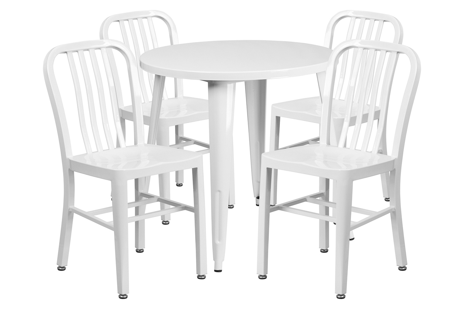 BLNK Chad Commercial Round Metal Indoor-Outdoor Table Set with 4 Vertical Slat Back Chairs - White