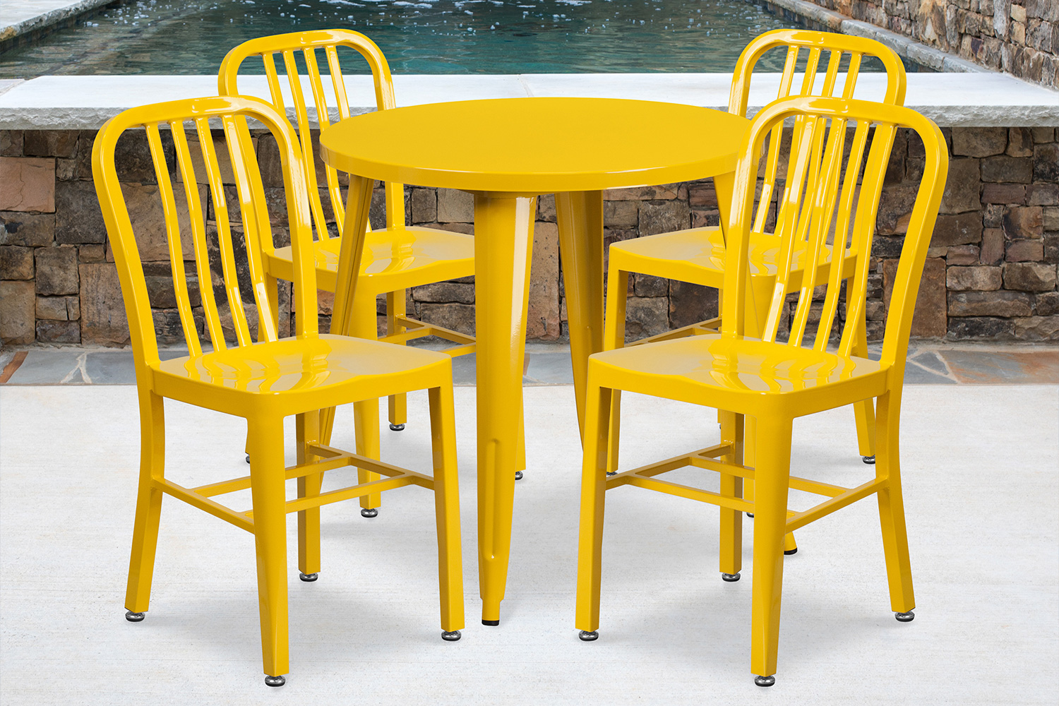 BLNK Chad Commercial Round Metal Indoor-Outdoor Table Set with 4 Vertical Slat Back Chairs