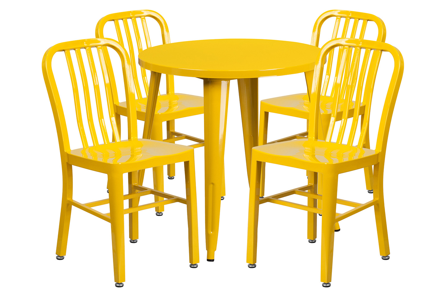 BLNK Chad Commercial Round Metal Indoor-Outdoor Table Set with 4 Vertical Slat Back Chairs - Yellow