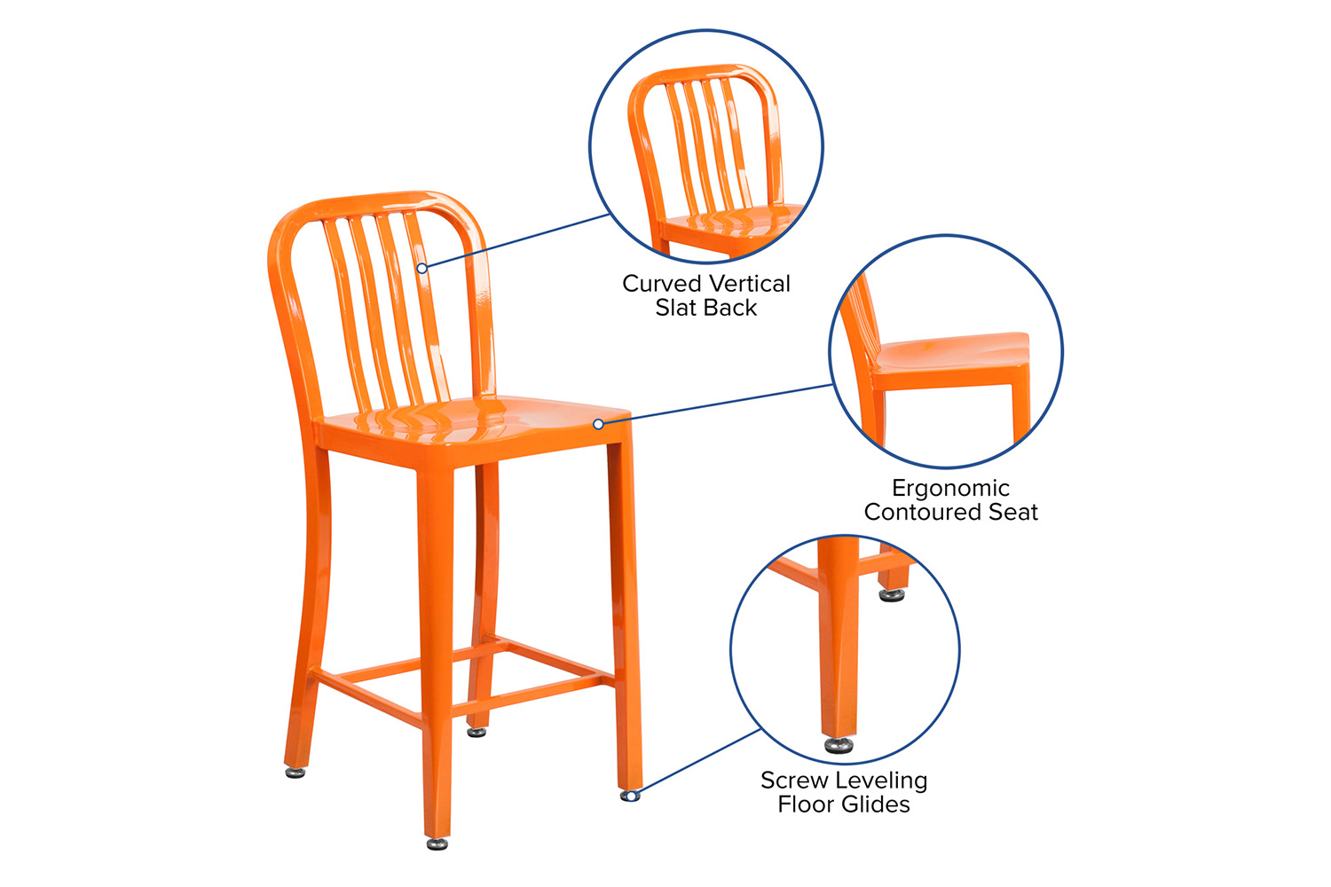 BLNK Gael Commercial Metal Indoor-Outdoor Counter Height Stool with Vertical Slat Back - Orange