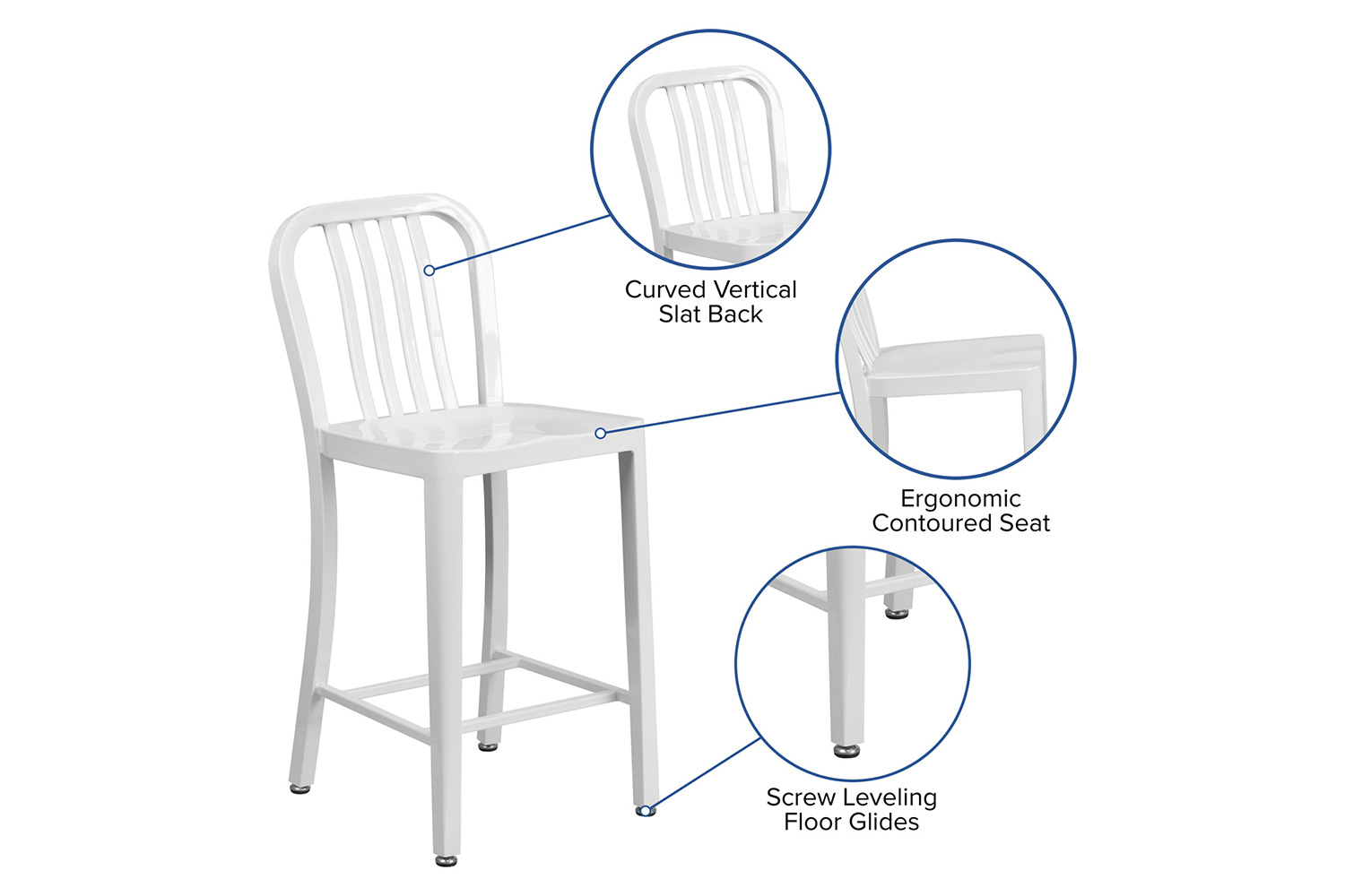 BLNK Gael Commercial Metal Indoor-Outdoor Counter Height Stool with Vertical Slat Back - White