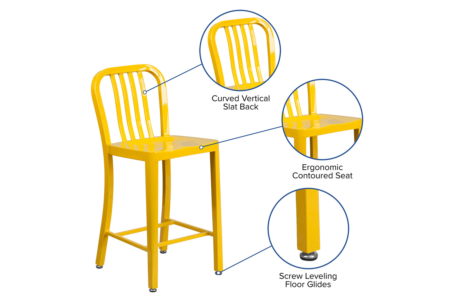 BLNK Gael Commercial Metal Indoor-Outdoor Counter Height Stool with Vertical Slat Back - Yellow