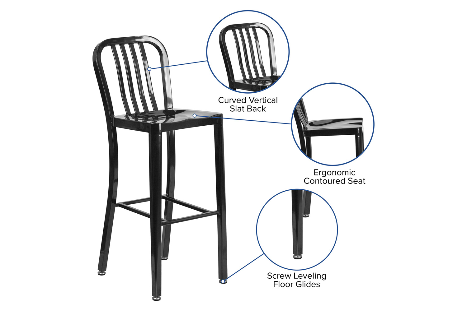 BLNK Gael Commercial Metal Indoor-Outdoor Bar Stool with Vertical Slat Back - Black