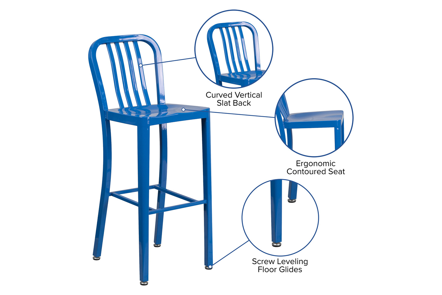 BLNK Gael Commercial Metal Indoor-Outdoor Bar Stool with Vertical Slat Back - Blue