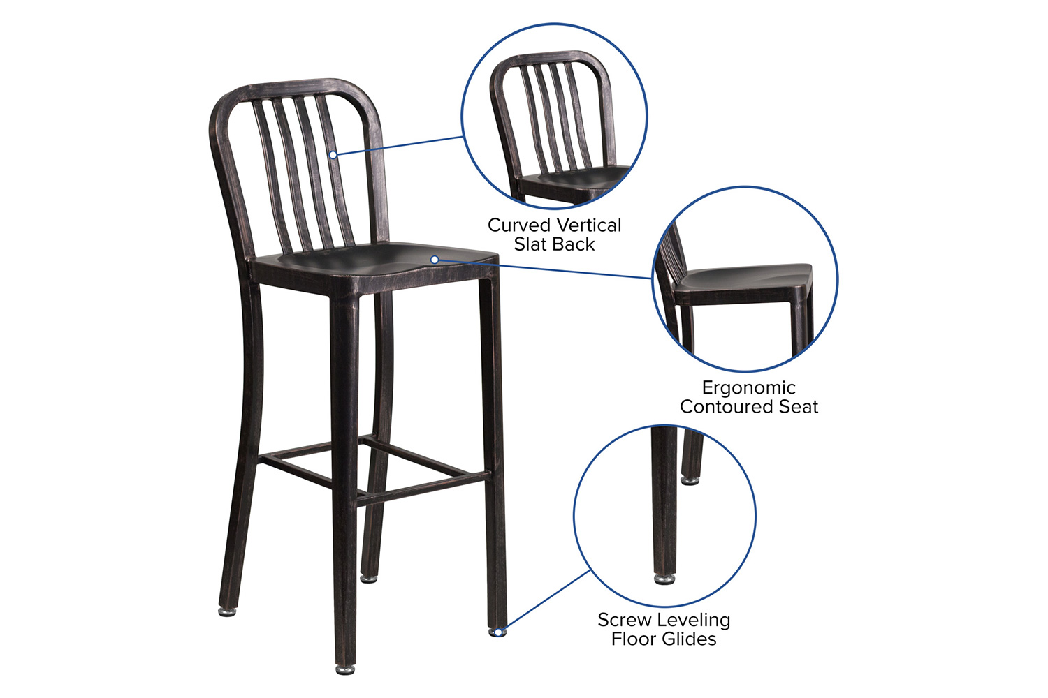 BLNK Gael Commercial Metal Indoor-Outdoor Bar Stool with Vertical Slat Back - Black/Antique Gold