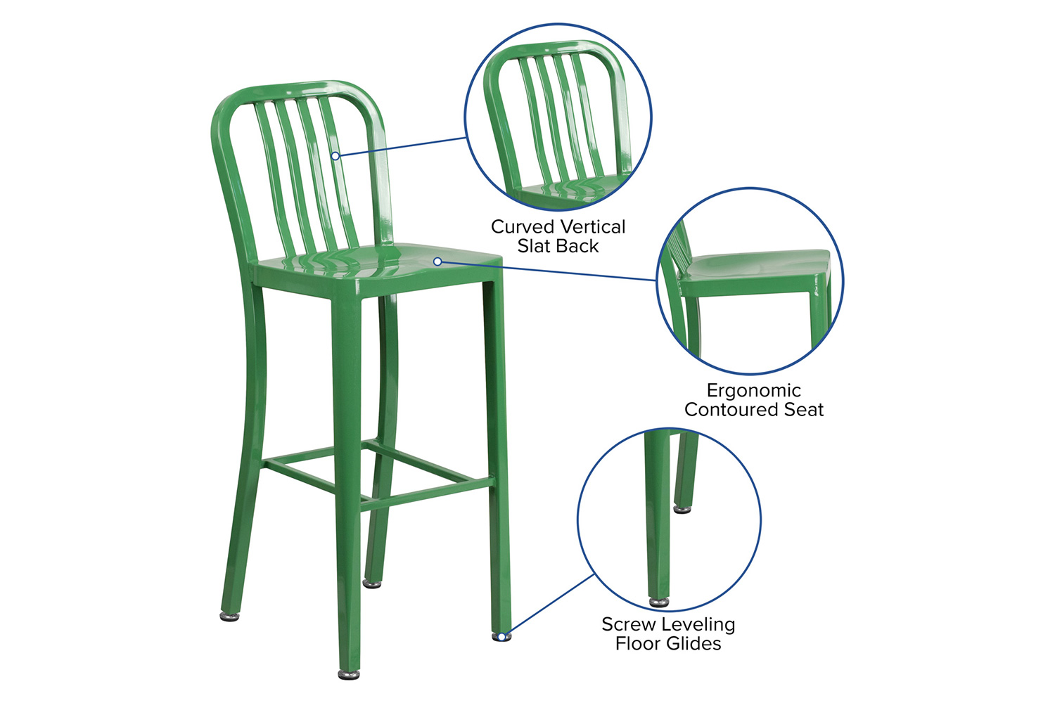 BLNK Gael Commercial Metal Indoor-Outdoor Bar Stool with Vertical Slat Back - Green