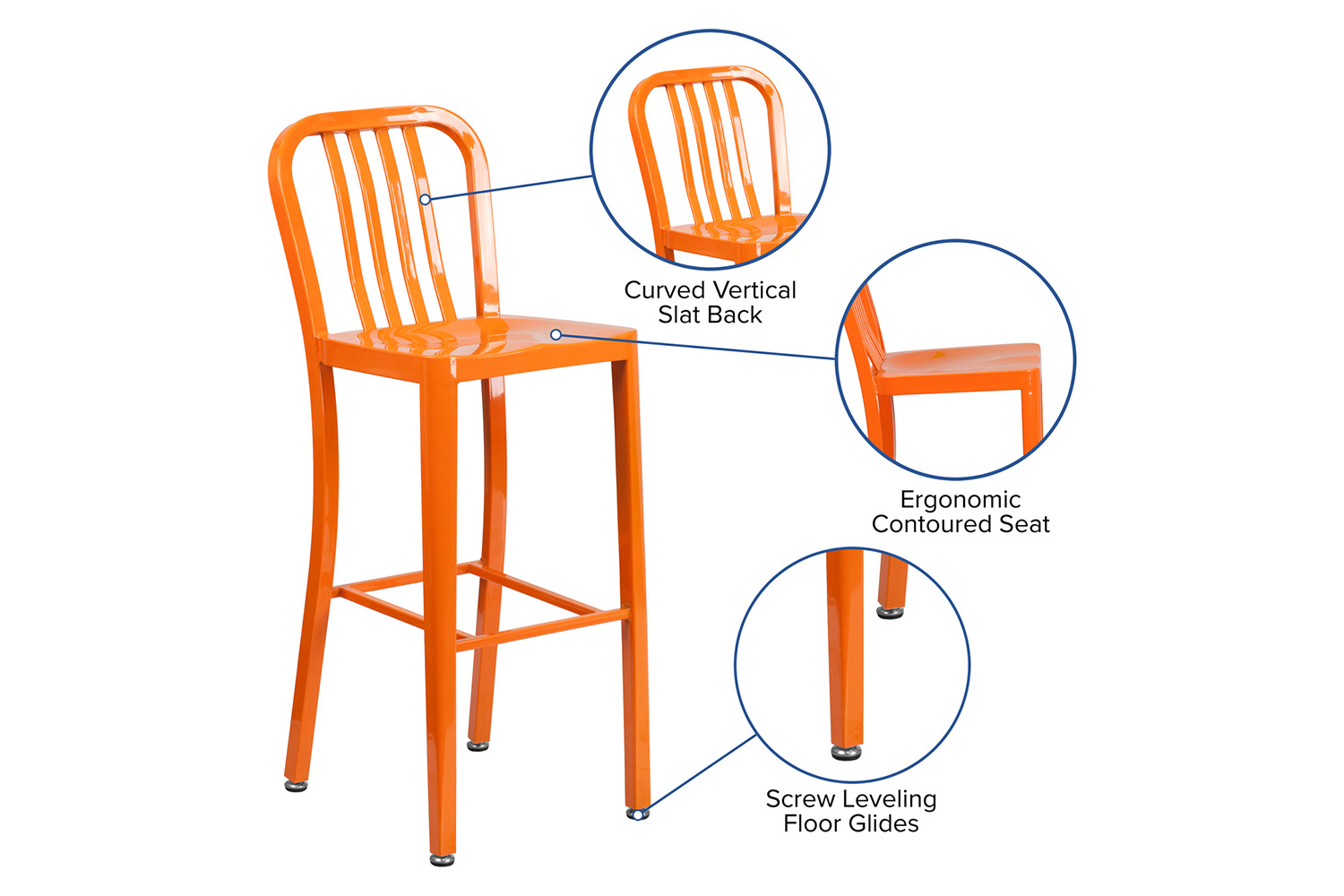 BLNK Gael Commercial Metal Indoor-Outdoor Bar Stool with Vertical Slat Back - Orange